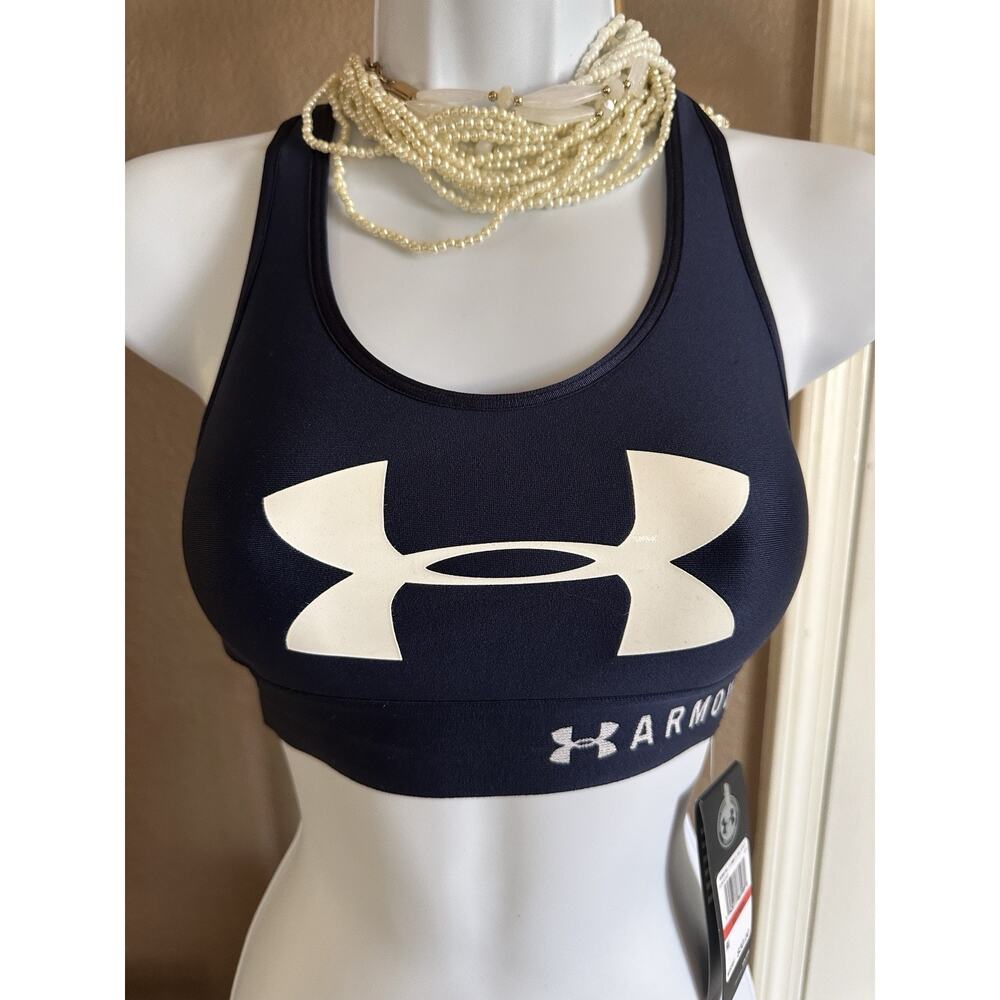 XS Under Armour Sports Workout Bra Mid Impact Navy Blue White